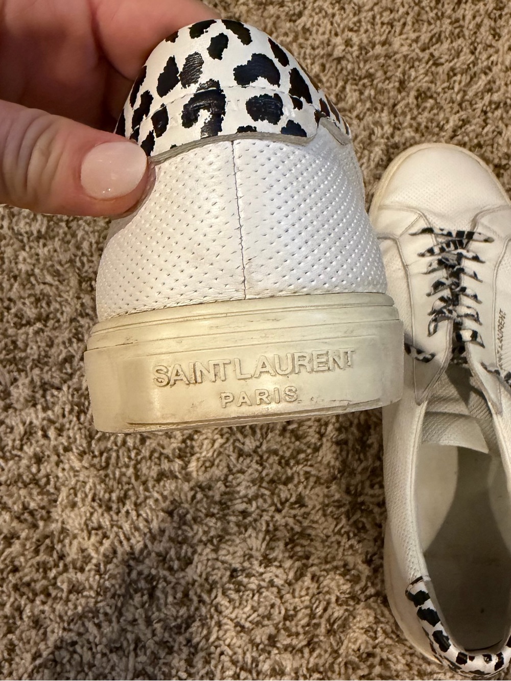 Saint Laurent White Leather Sneakers with Black Leopard-Print Details - Picture 2 of 5